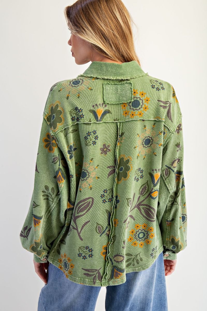 Easel floral mineral wash half button pullover Juniper Green
