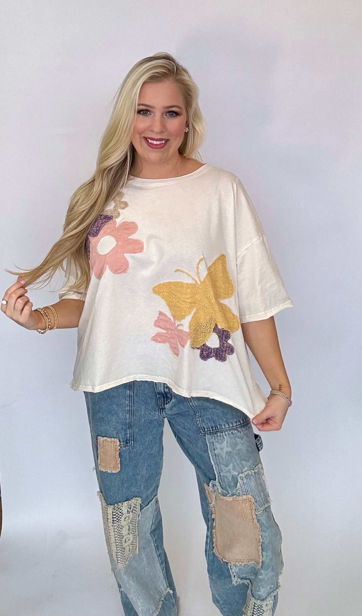 Oli and Hali white tee with patchwork detailing