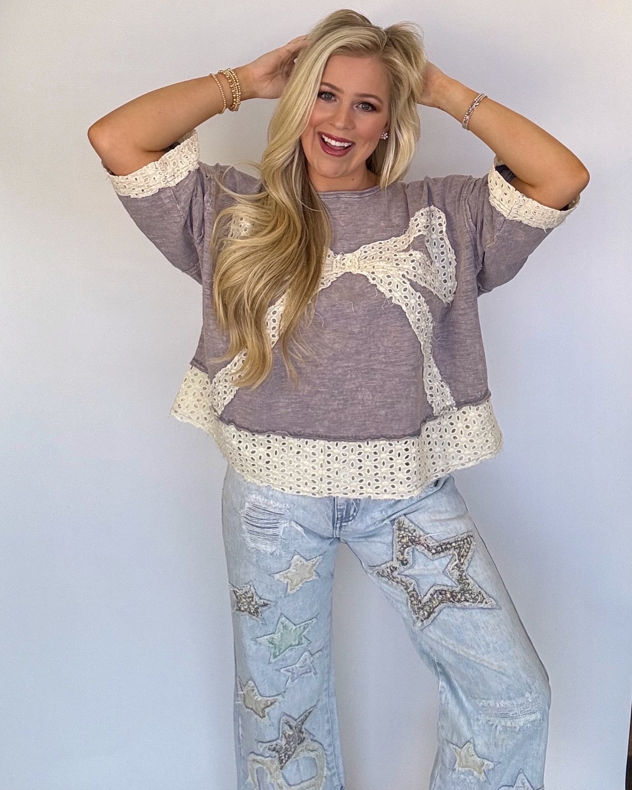Oli and Hali lace bow top light denim