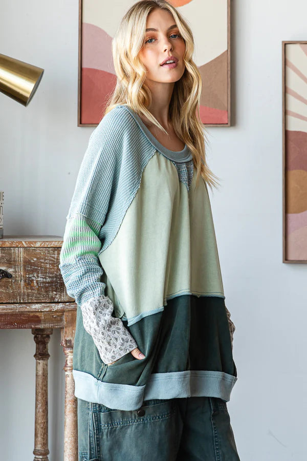 Oli and Hali sea foam WASHED COLORBLOCK DETAIL MIX MEDIA PULLOVER TOP