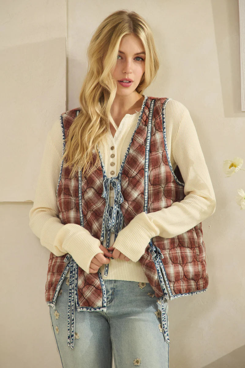 Oli and Hali quilted vest with denim ties
