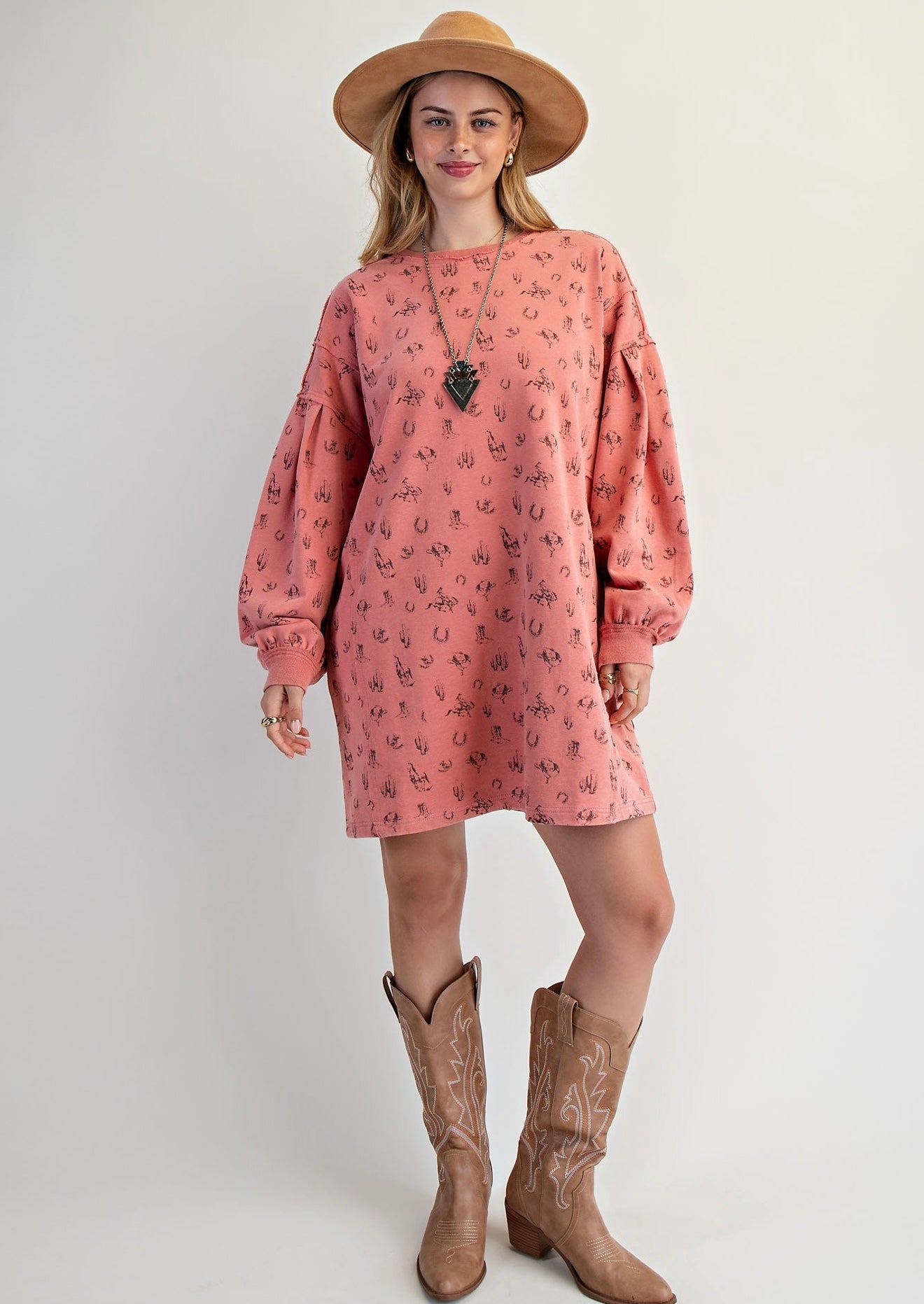 Easel western twill knit sweatshirt dress coral