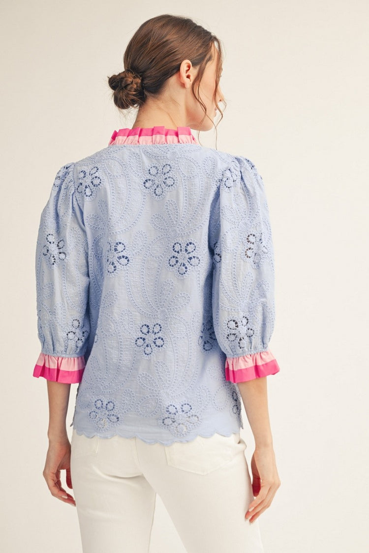 Entro eyelet baby blue button down top