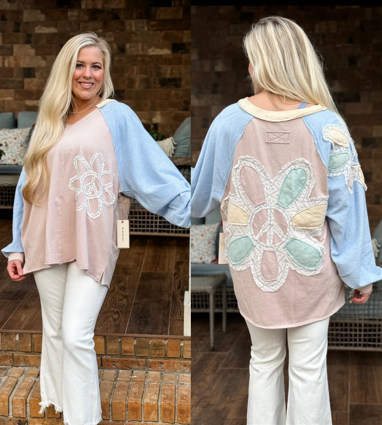 Blue velvet Mineral wash v- neck Terry knit pullover