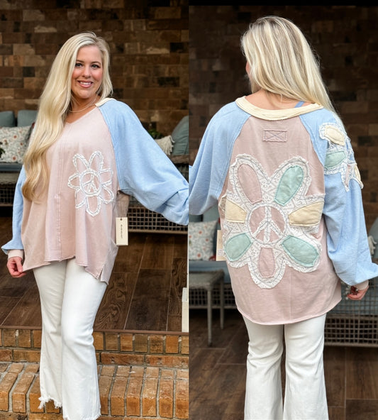Blue velvet Mineral wash v- neck Terry knit pullover