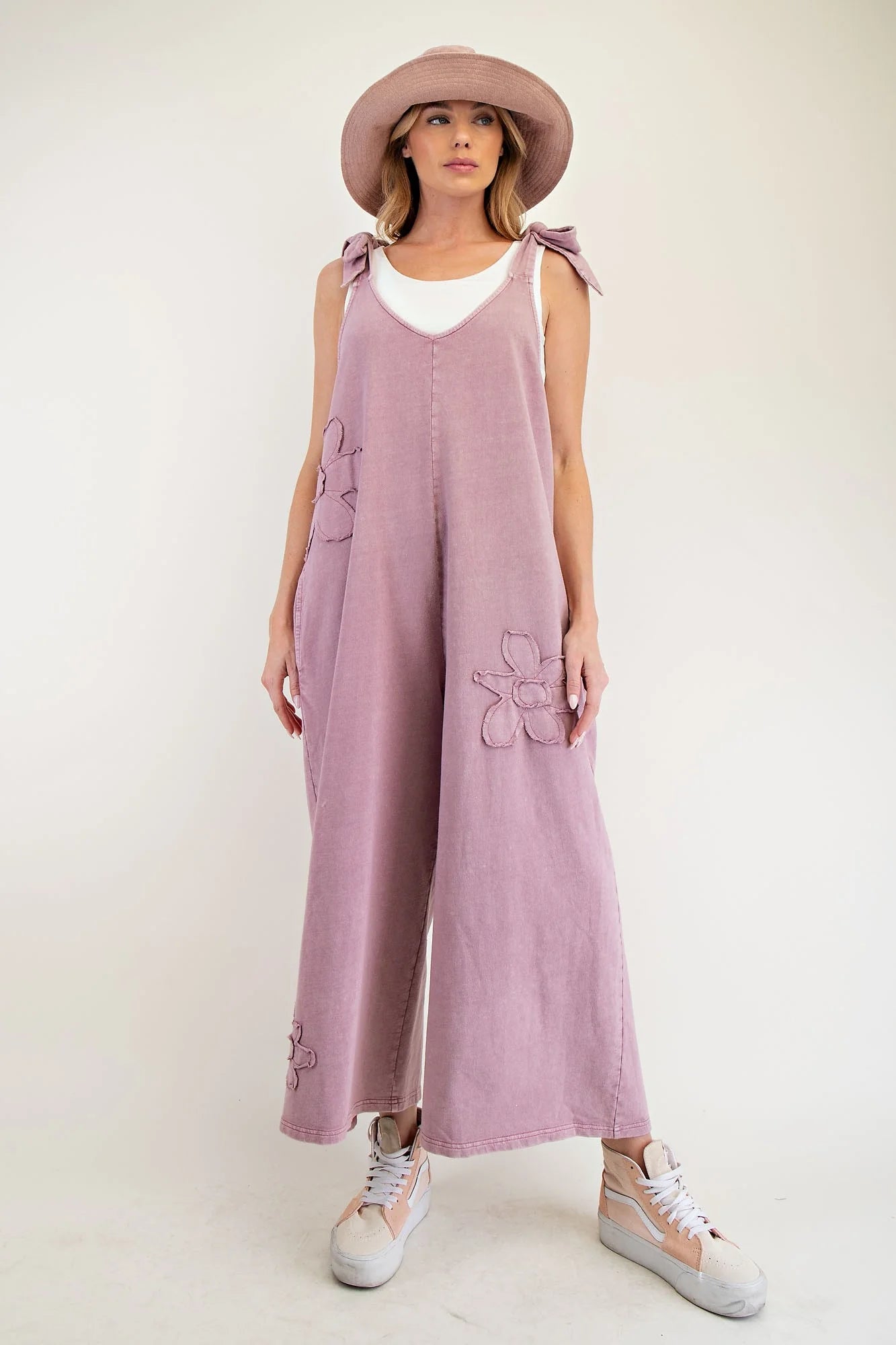 Easel Mineral Washed Terry Knit Flower Patch Jumpsuit