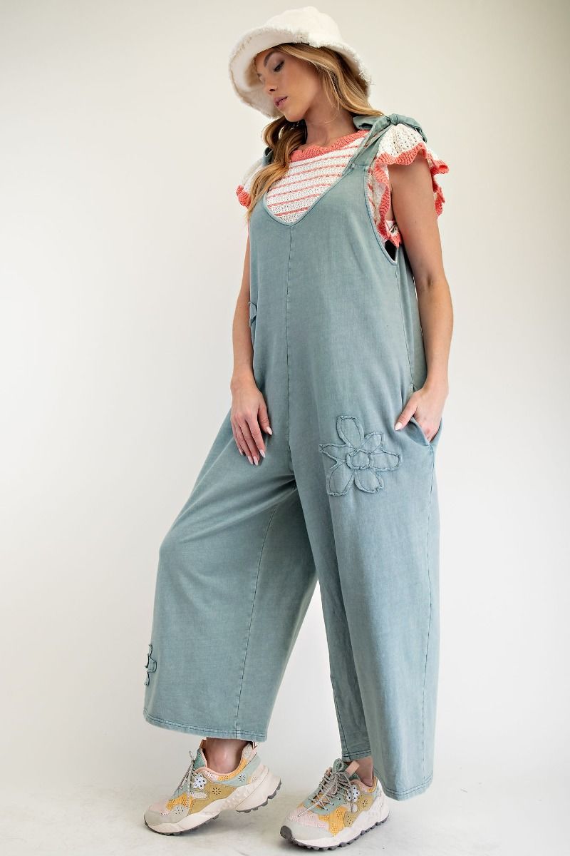 Easel Mineral Washed Terry Knit Flower Patch Jumpsuit