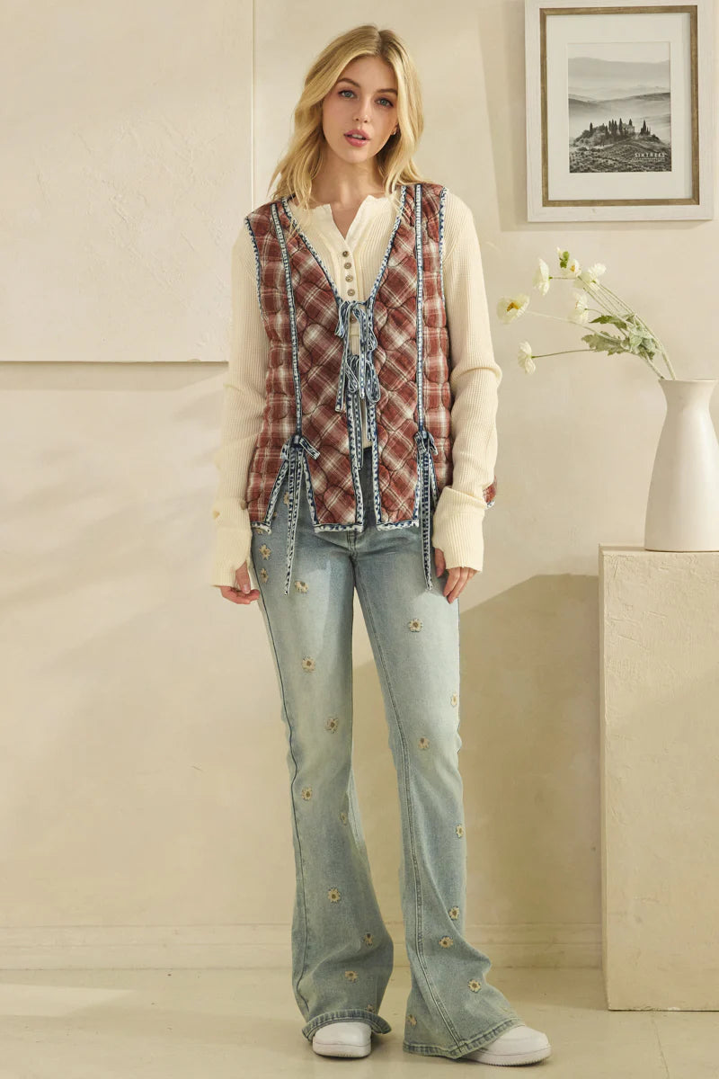 Oli and Hali quilted vest with denim ties