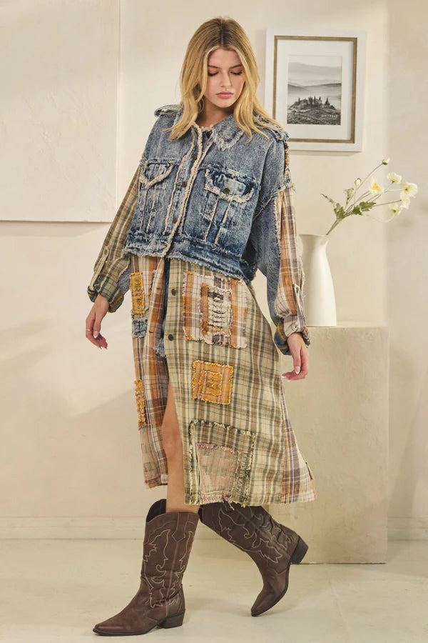Oli and HaliWASHED DENIM PLAID MIXED LONG SLEEVE JACKET