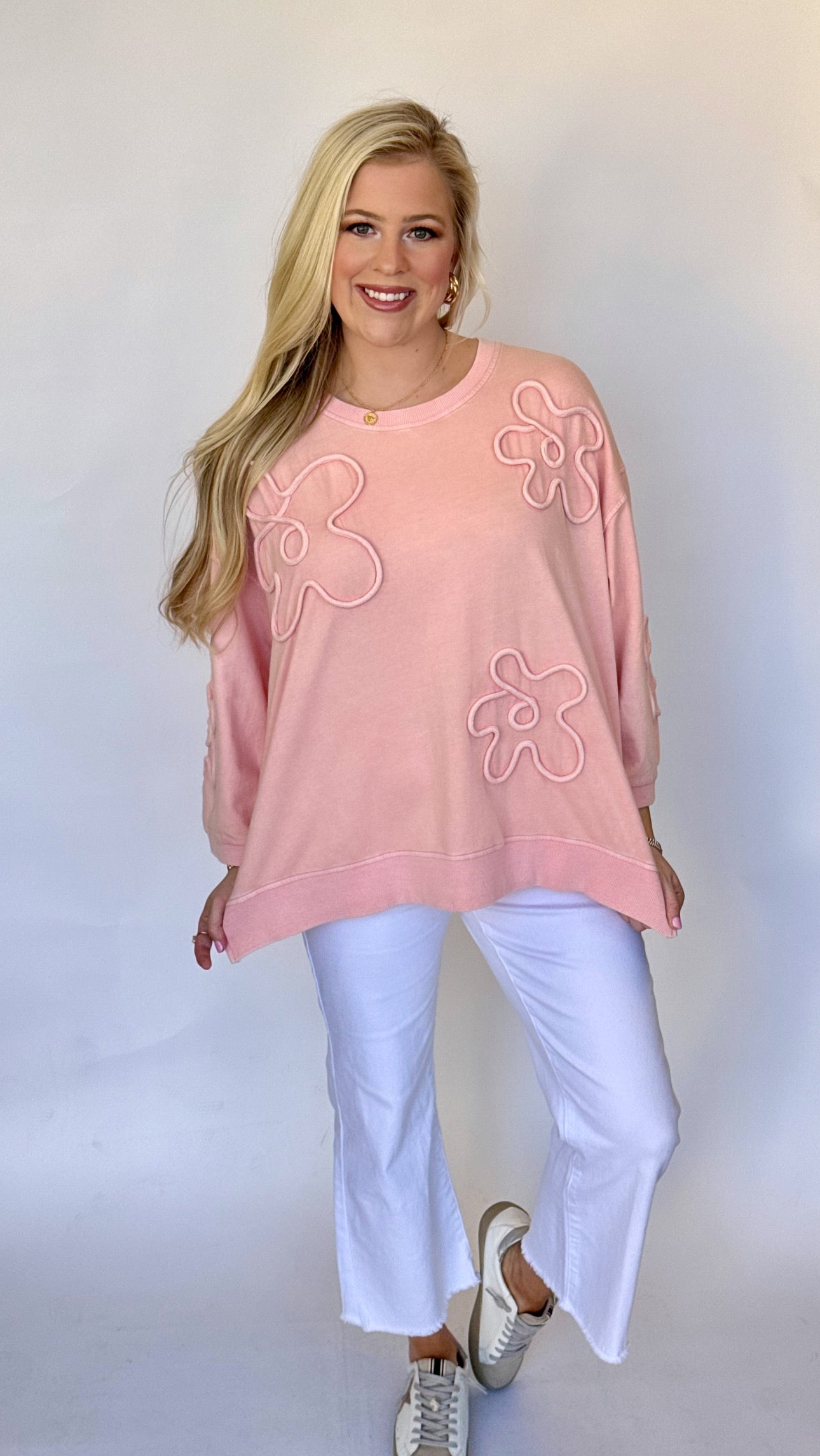 Easel terry knit raised flower sweatshirt top