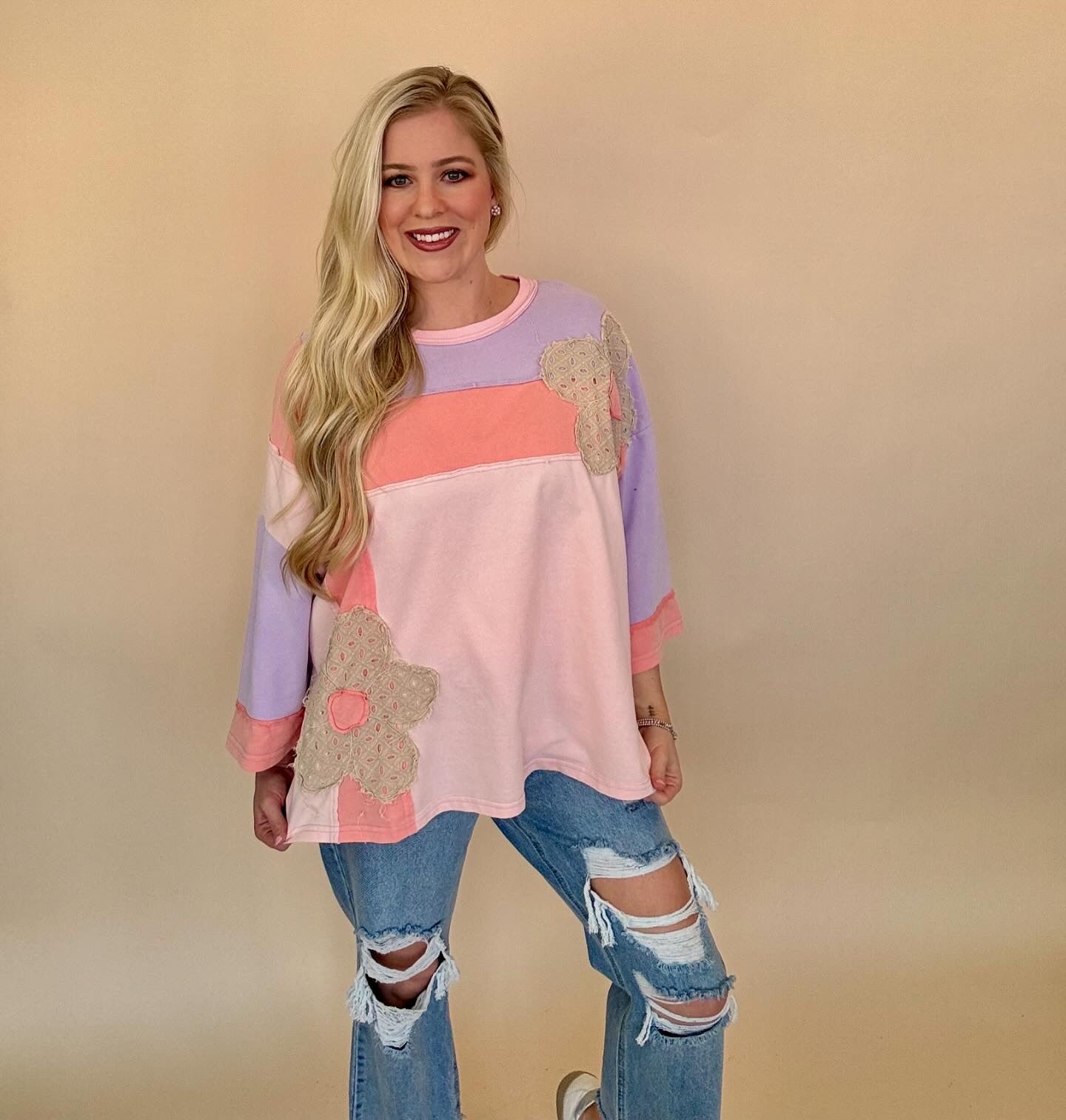 Easel peach color block crochet flower top