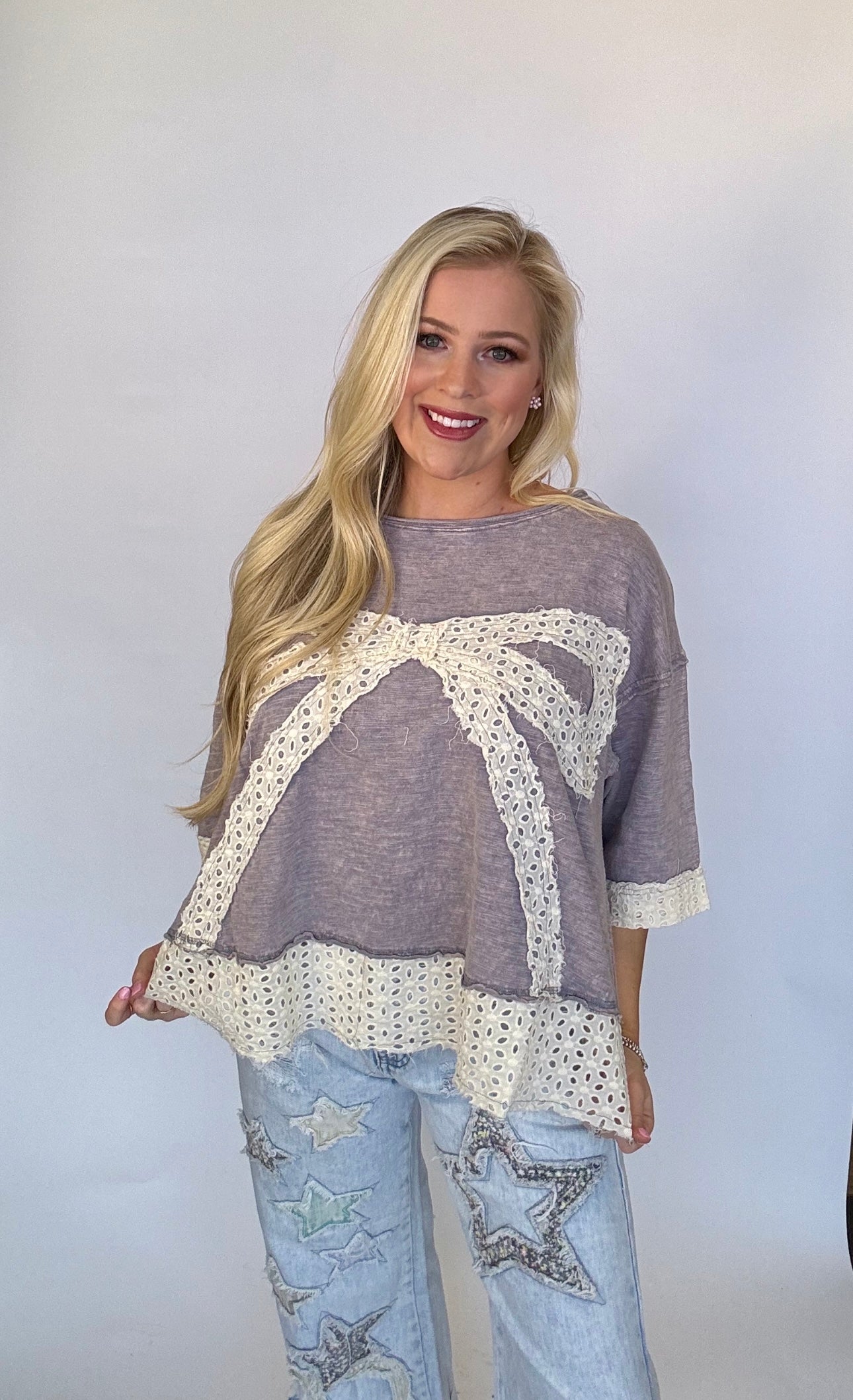Oli and Hali lace bow top light denim