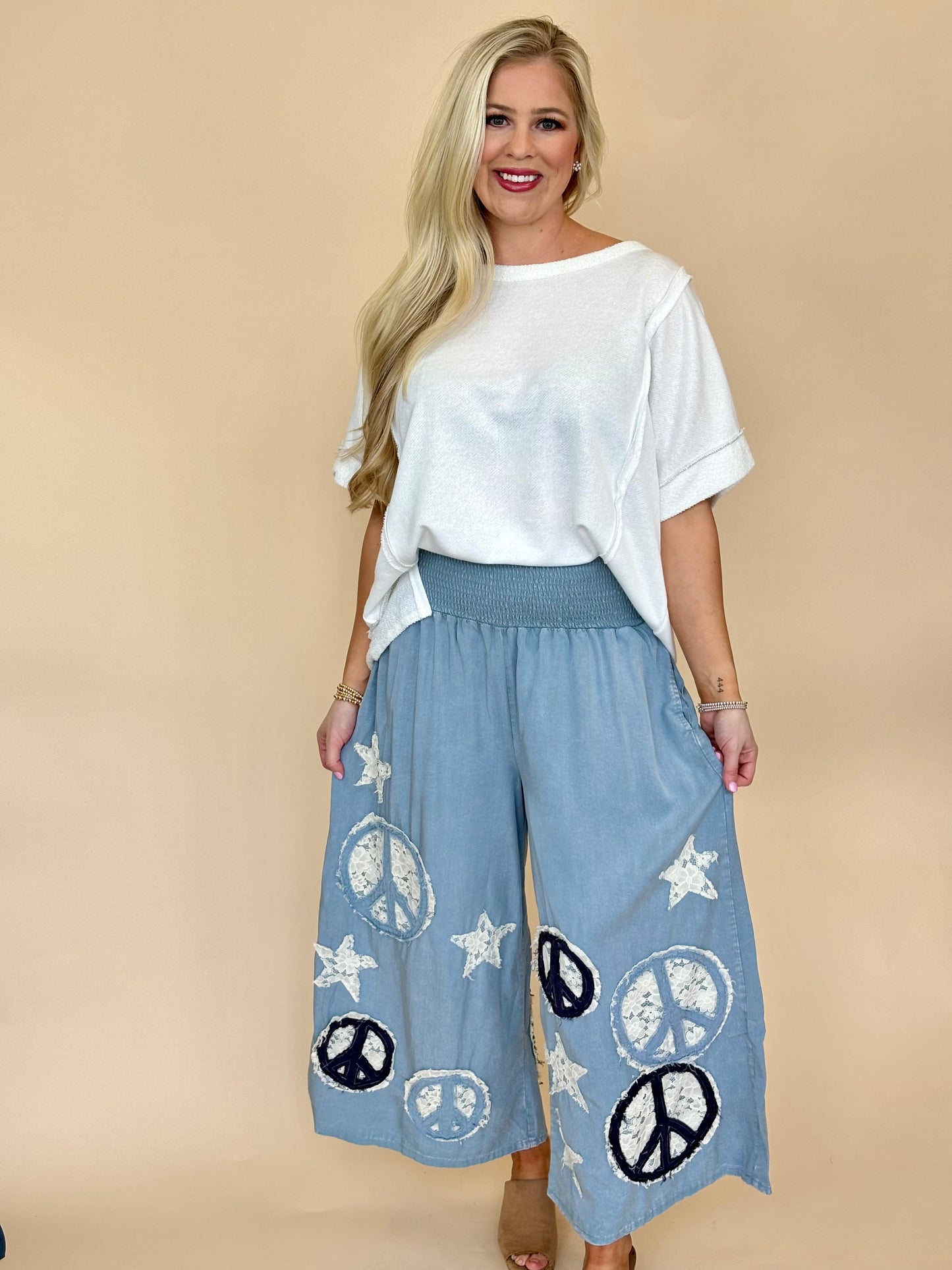 Oli and Hali chambray denim wide leg pants stars + peace