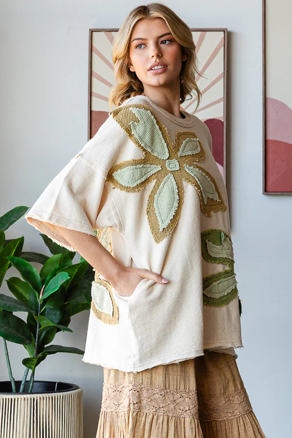 Oli and Hali Sage washed flower patch terry top