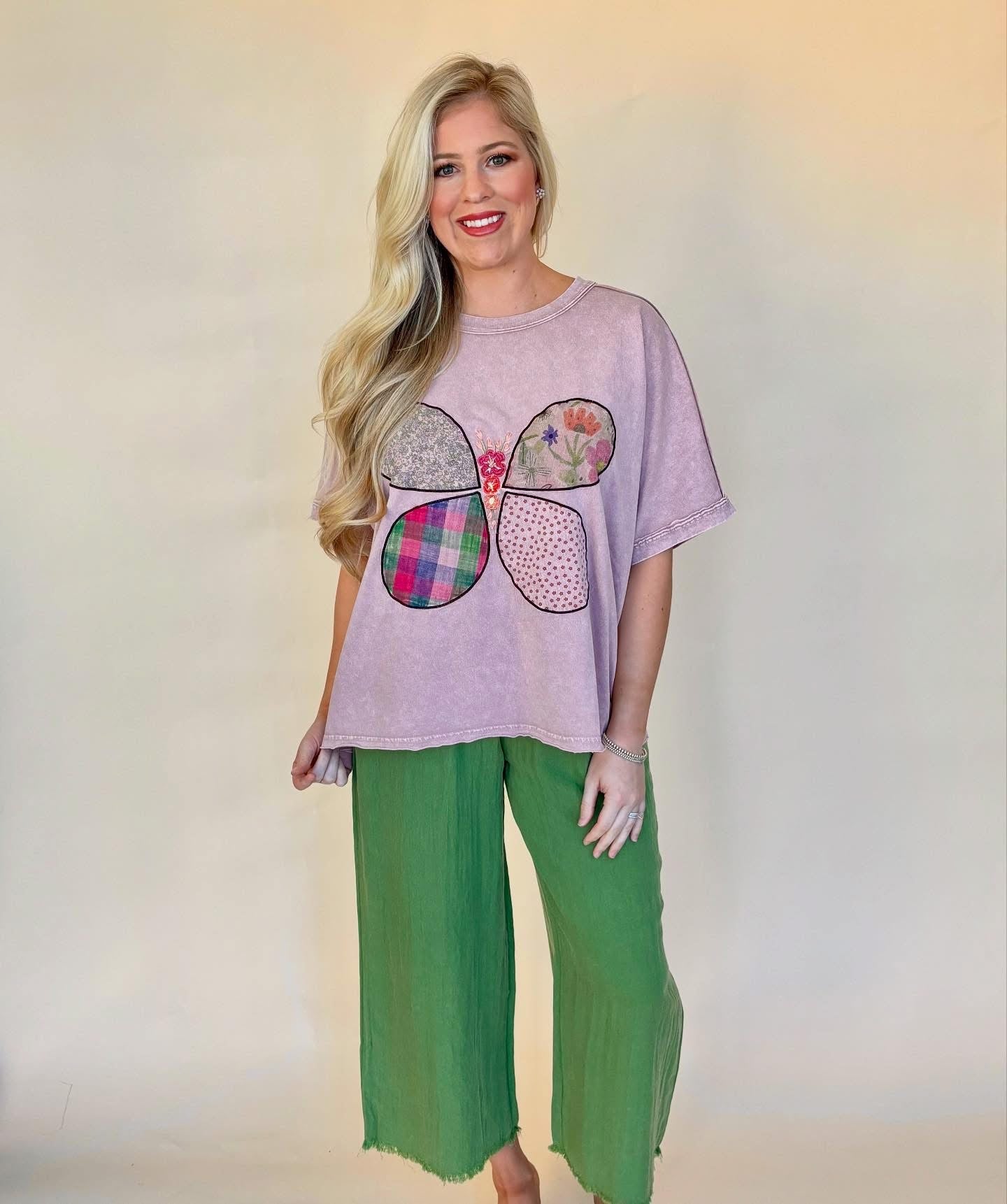 Easel mauve patchwork butterfly mineral wash tee