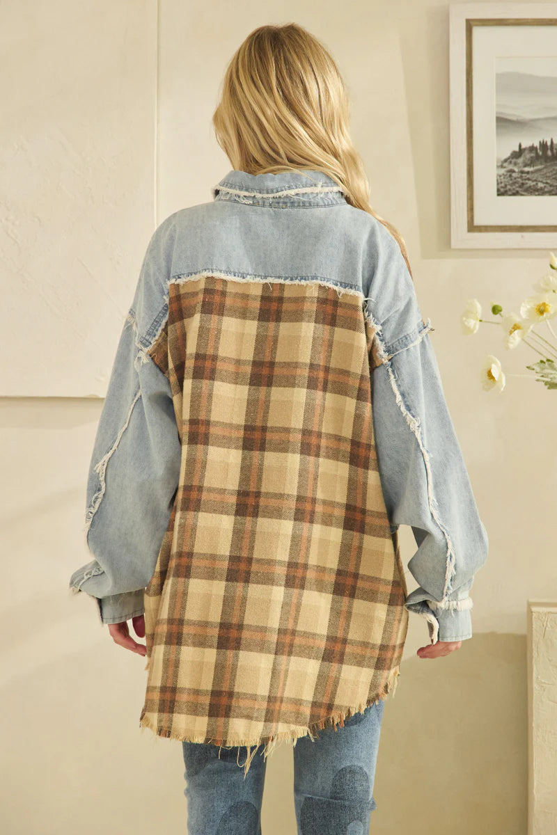 Oli and Hali washed fabric mix plaid button down jacket