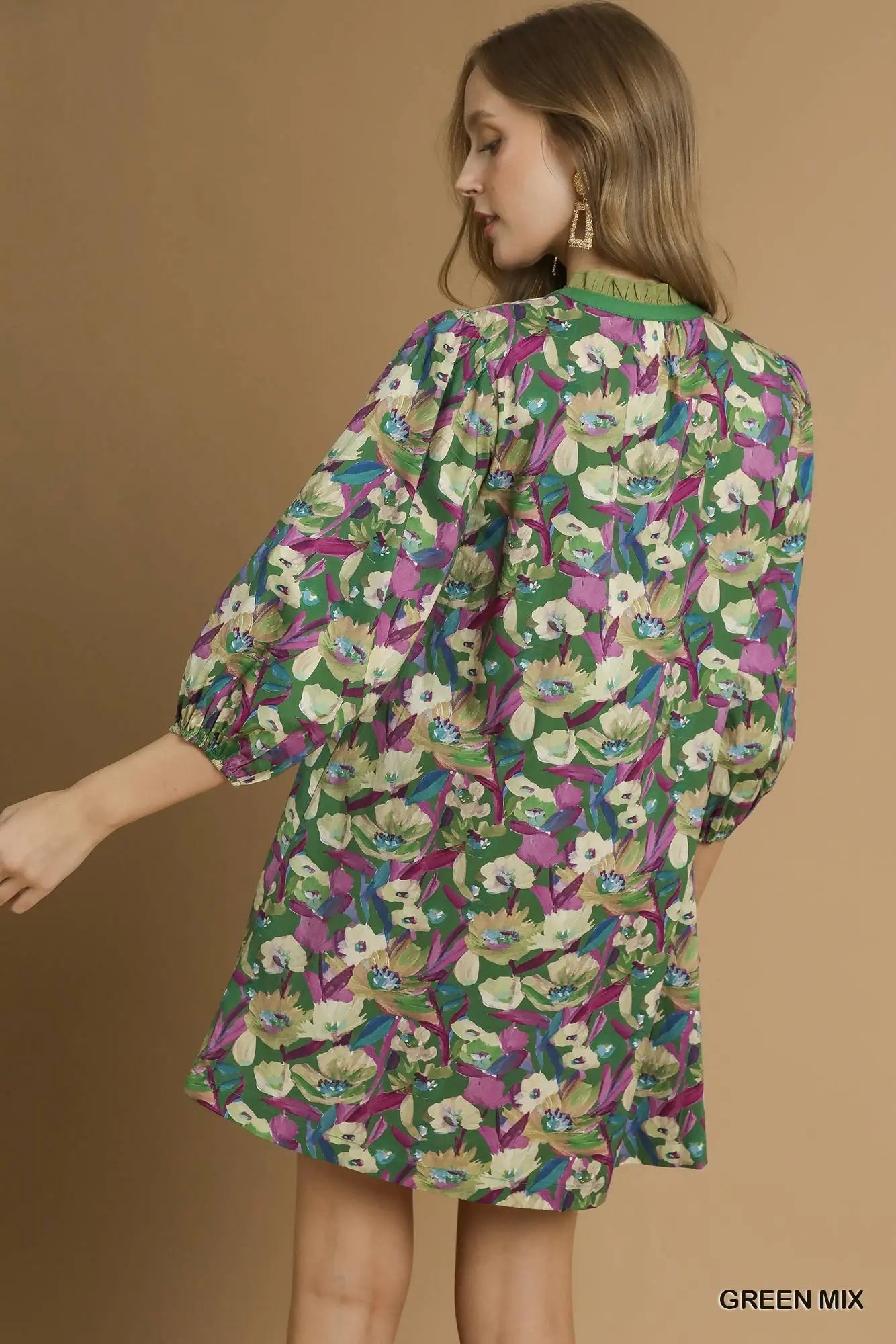 Umgee Boho Floral V-Neck Balloon Sleeve Dress green mix