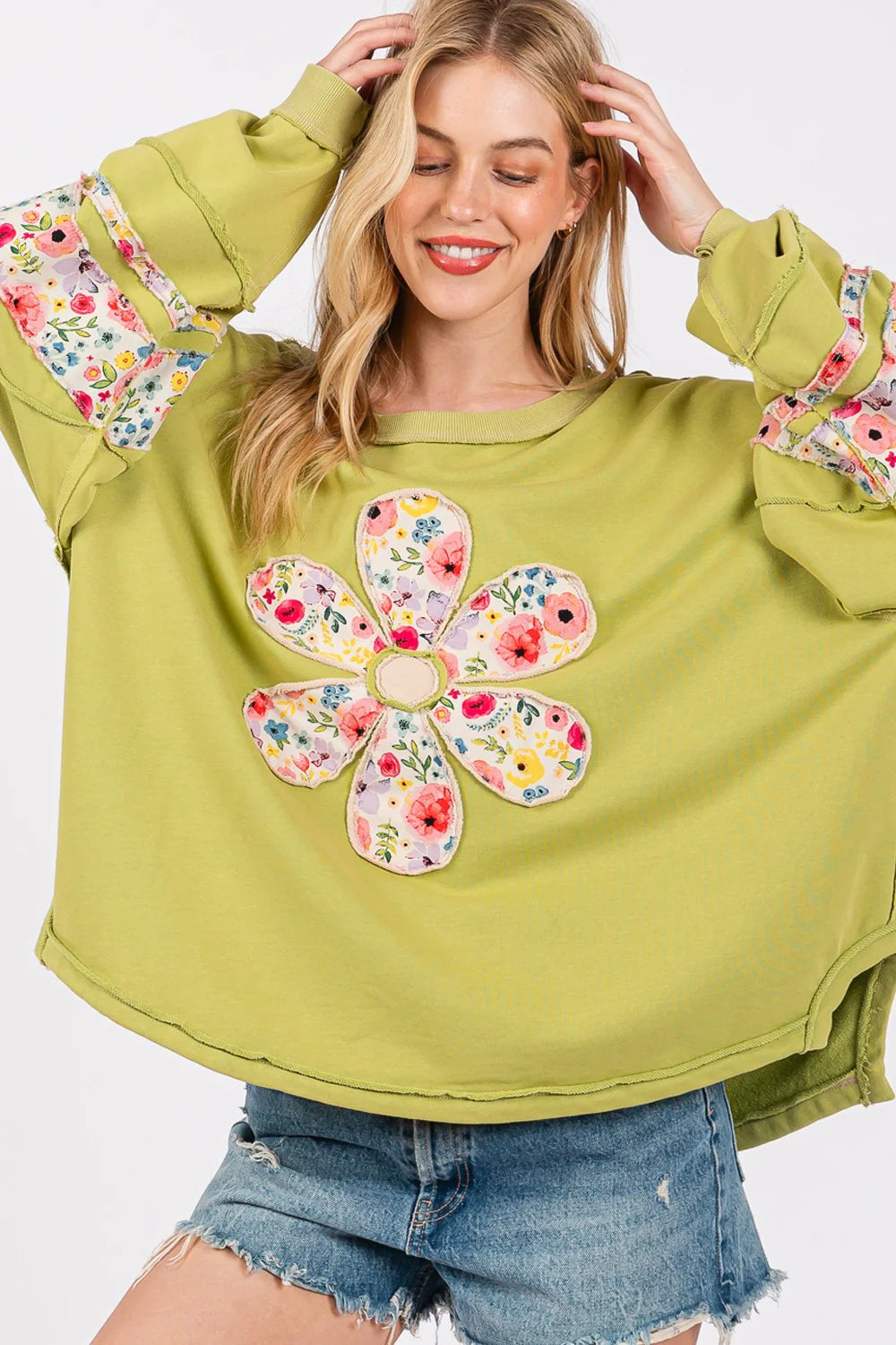 Sage and fig daisy appliqué sweatshirt