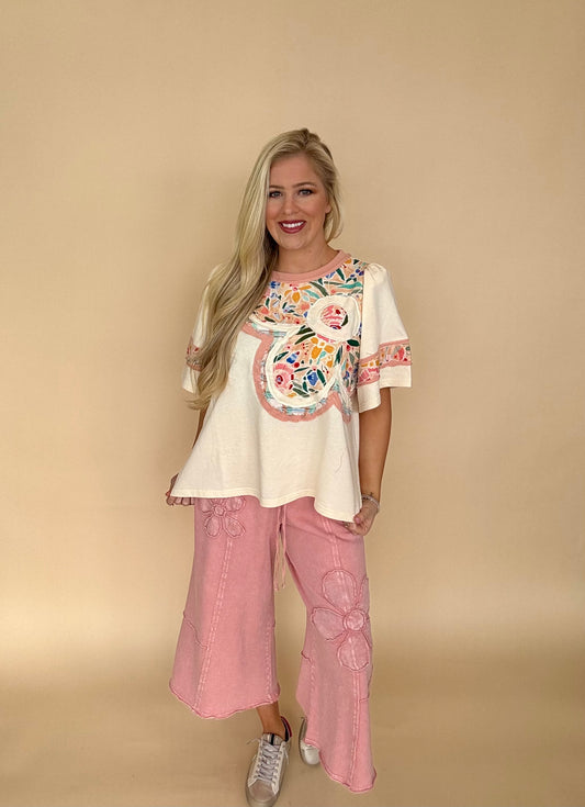Easel soft washed terry knit flower top