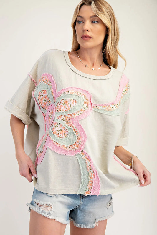 Easel OVERSIZED Top with Mixed Raised Flower Patch in Light Sage