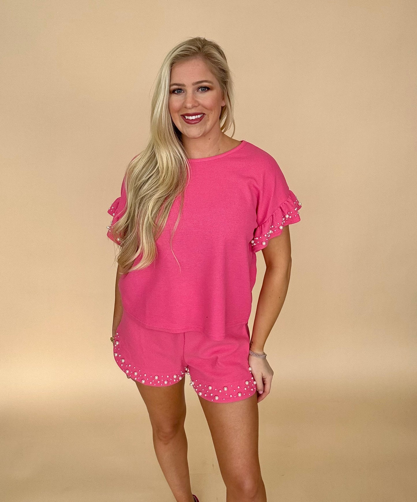 She + Sky hot pink pearl short set
