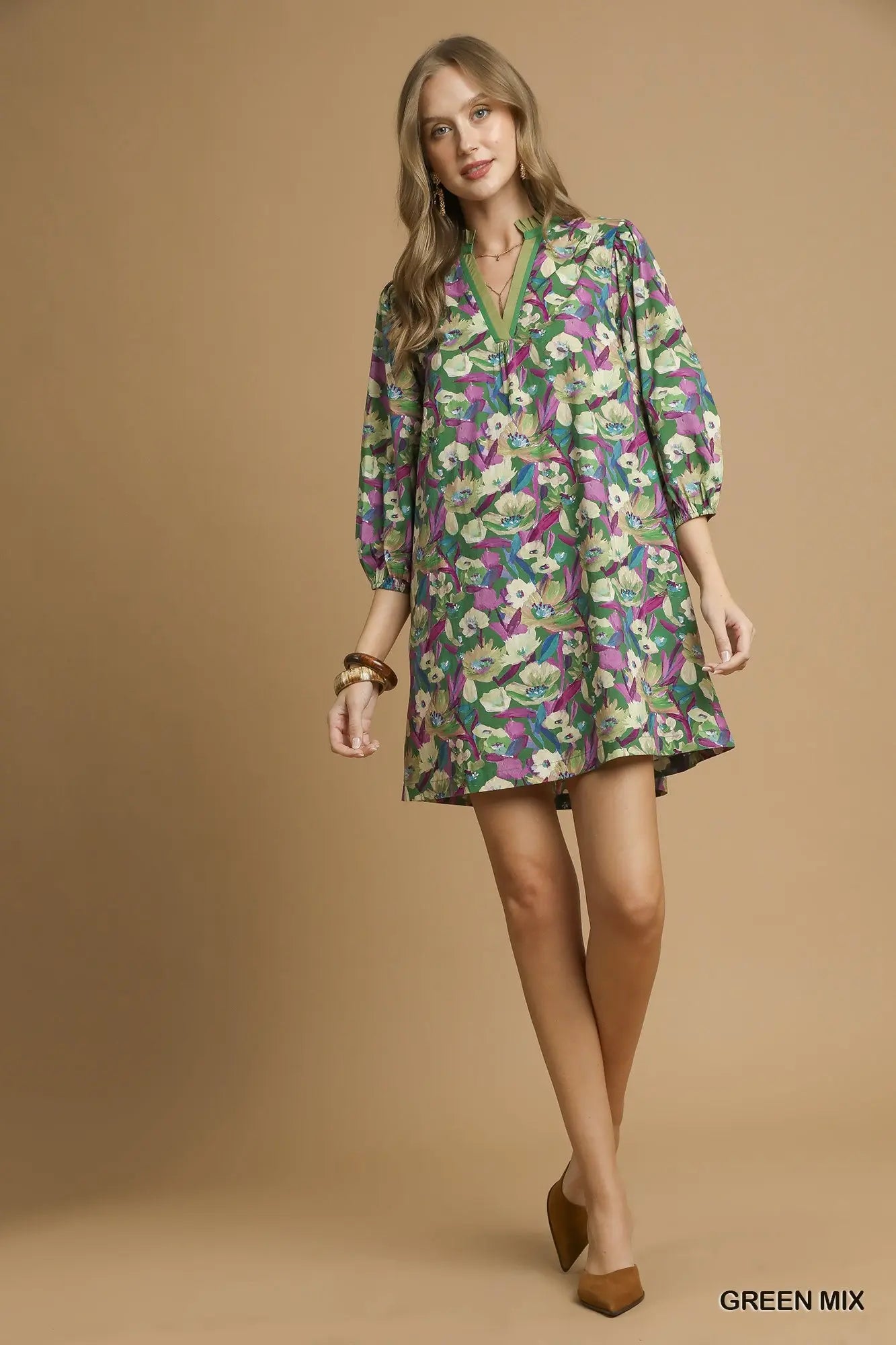 Umgee Boho Floral V-Neck Balloon Sleeve Dress green mix