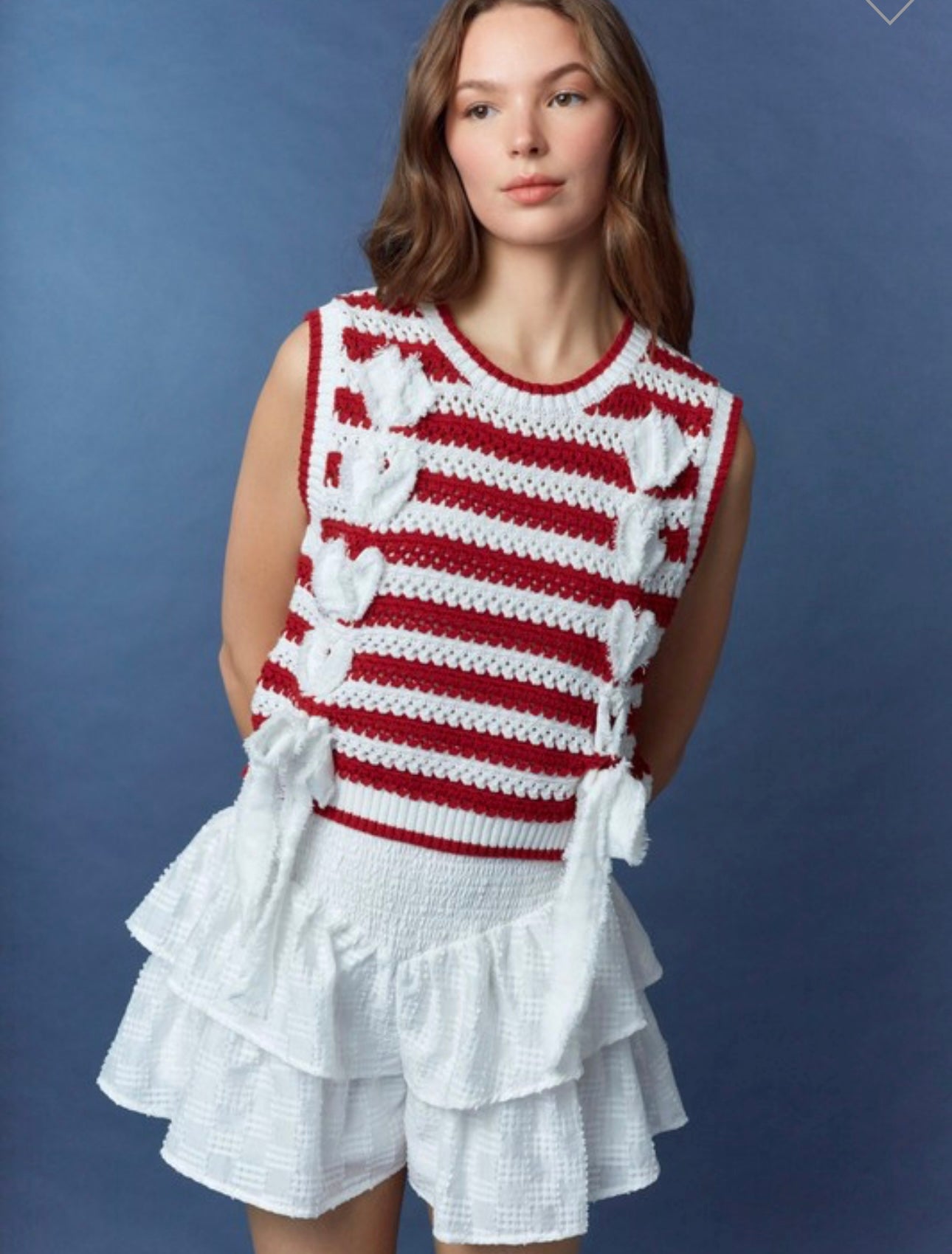 Game day crimson & white knit sweater with bows