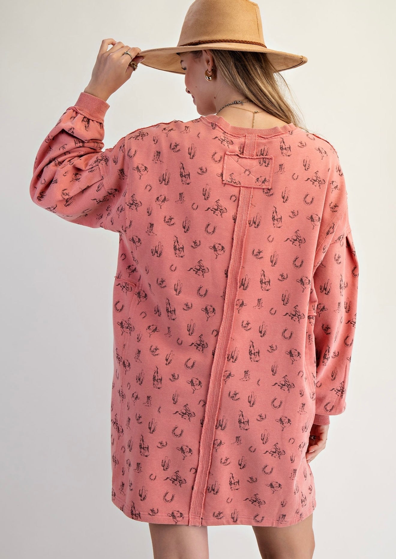 Easel western twill knit sweatshirt dress coral