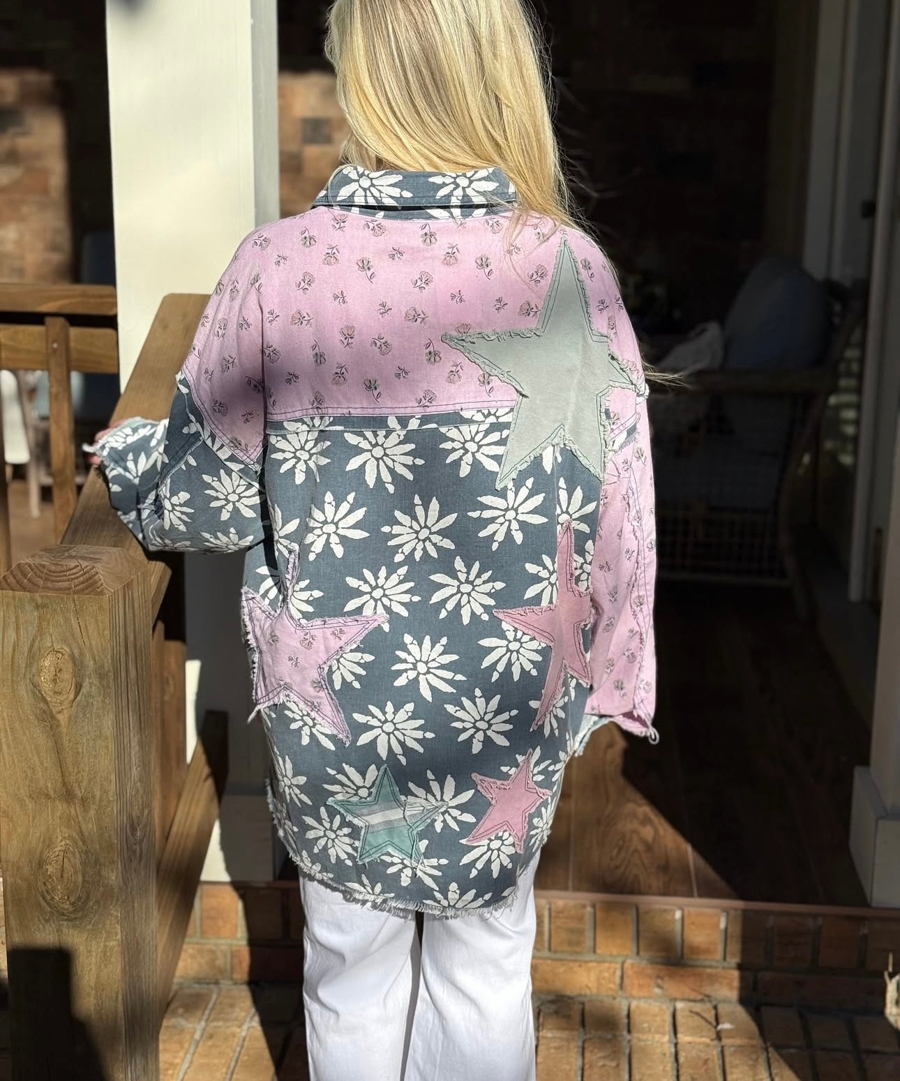 Blue velvet Star patch button down top