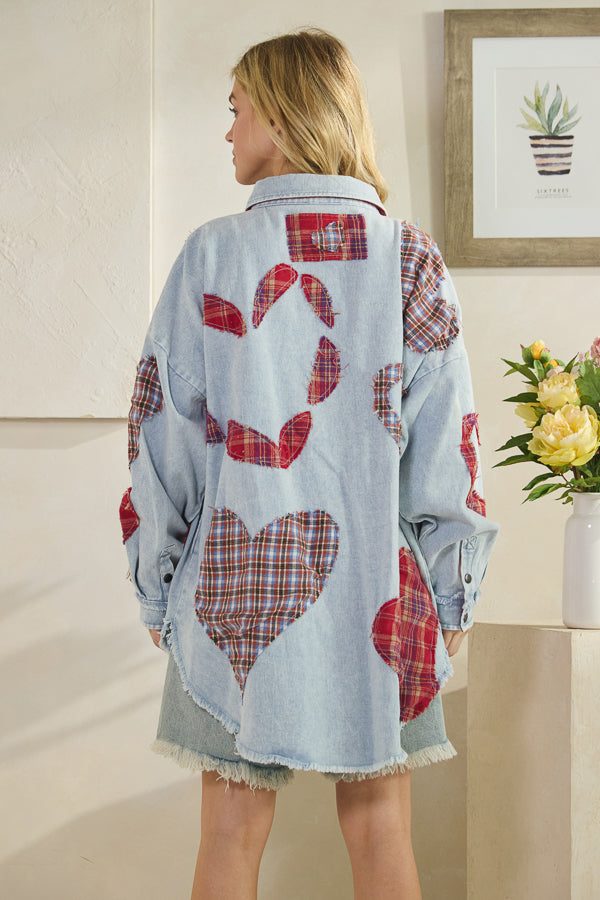 Oli and Hali heart plaid patch denim jacket shirt