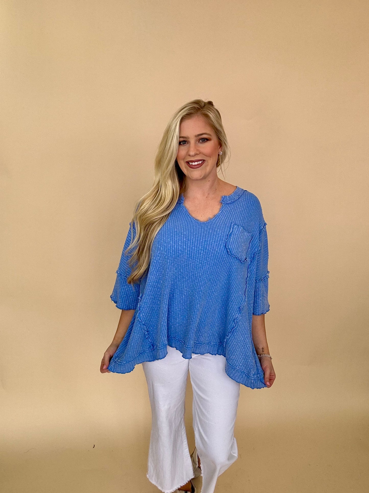 Easel periwinkle blue ribbed knit top