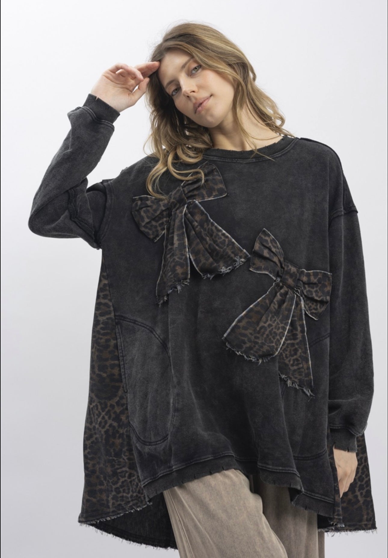 BlueVelvet OVERSIZED Mixed Media Top with denim Ribbon Bow Patches