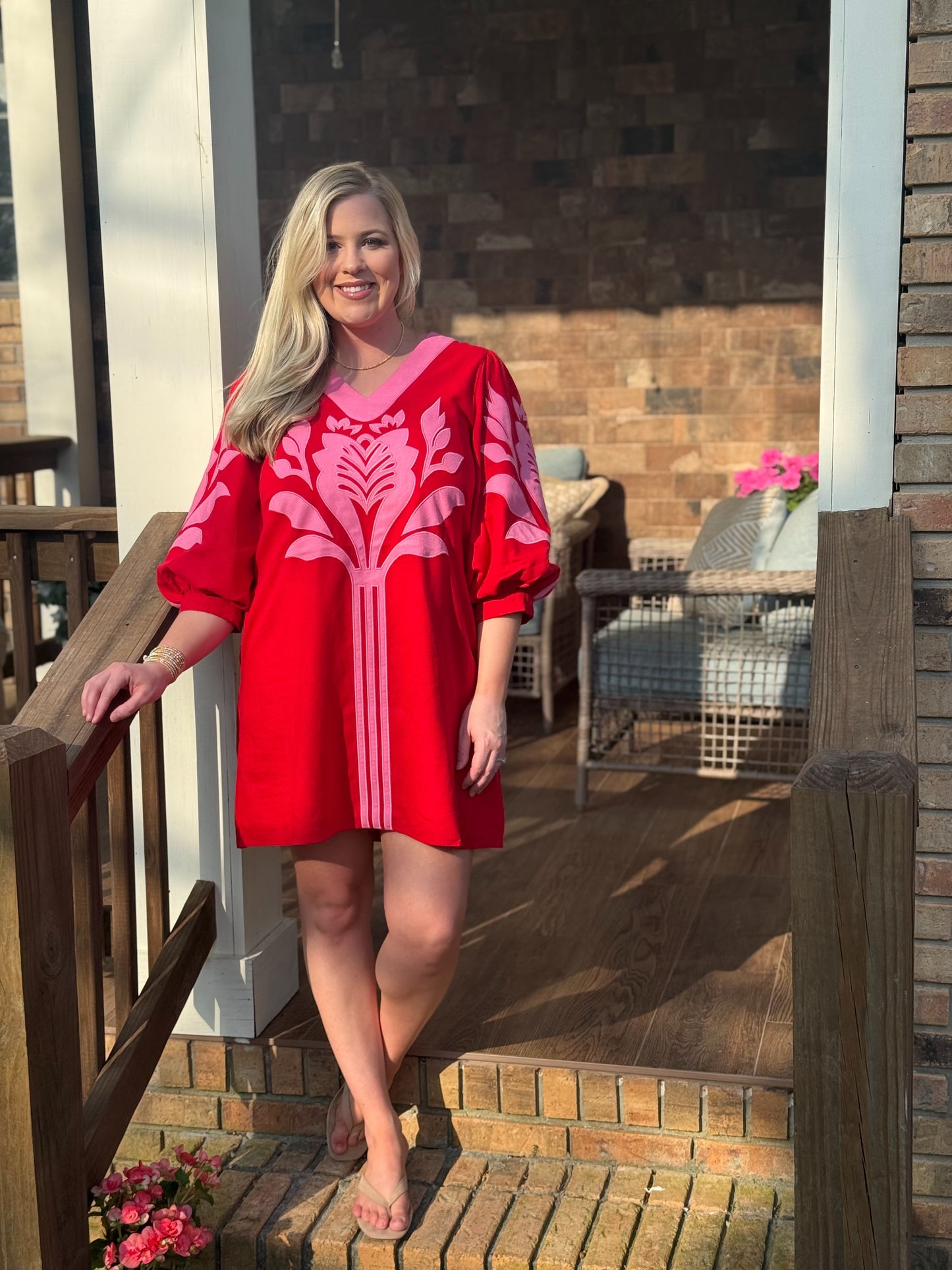 Jodifl pink & red embroidered collared linen dress