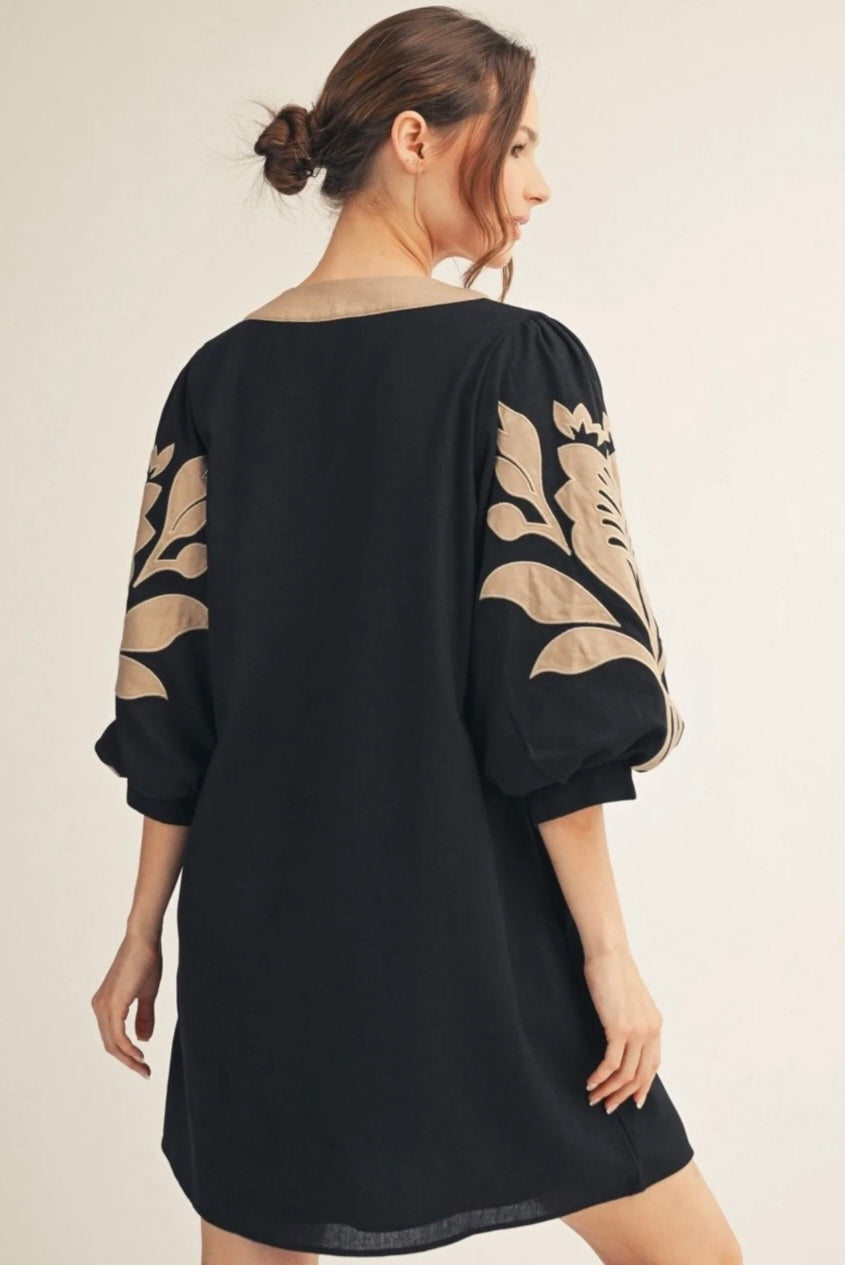 Jodifl tan and black appliqué dress