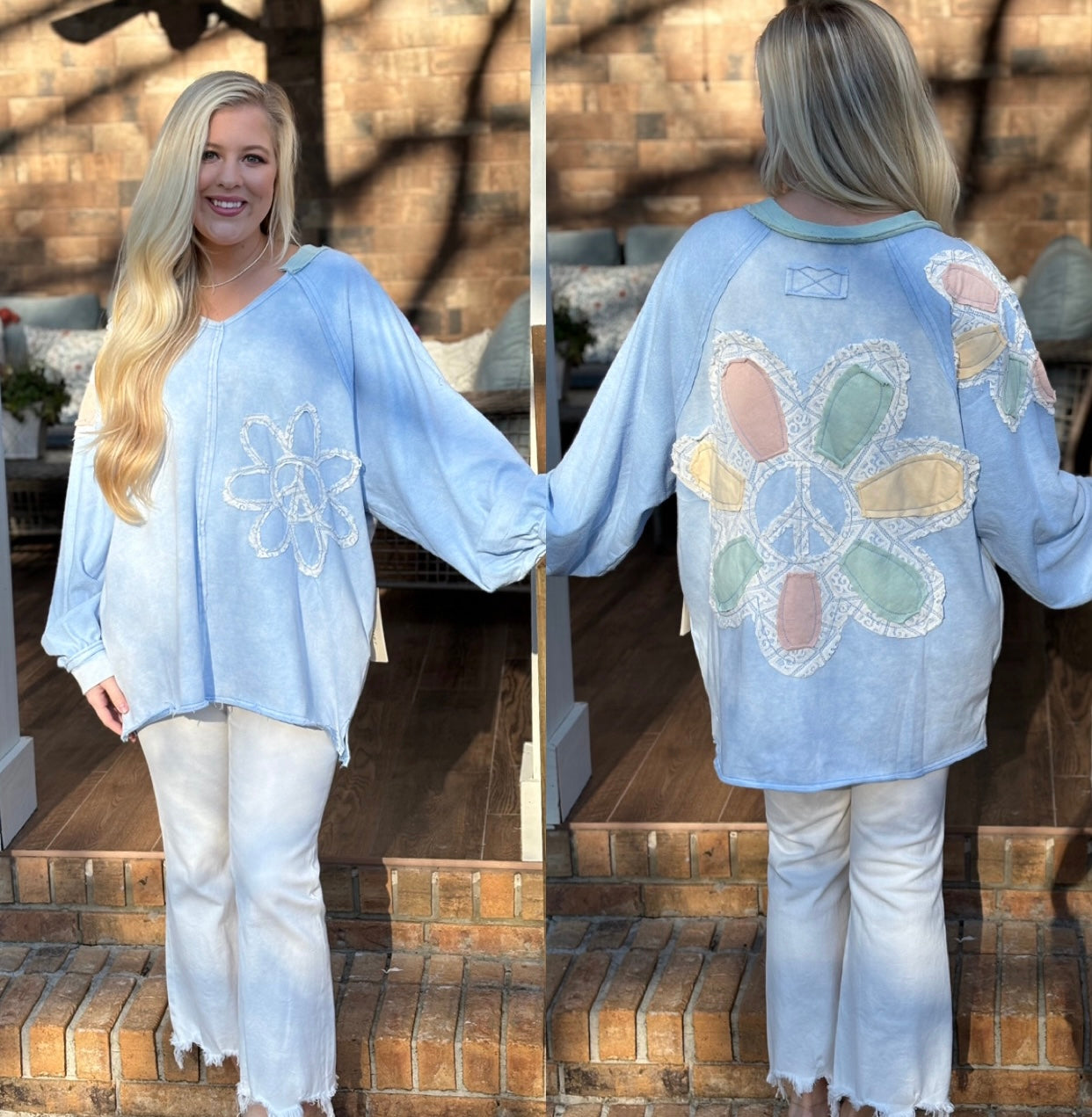 Blue velvet Mineral wash v- neck Terry knit pullover