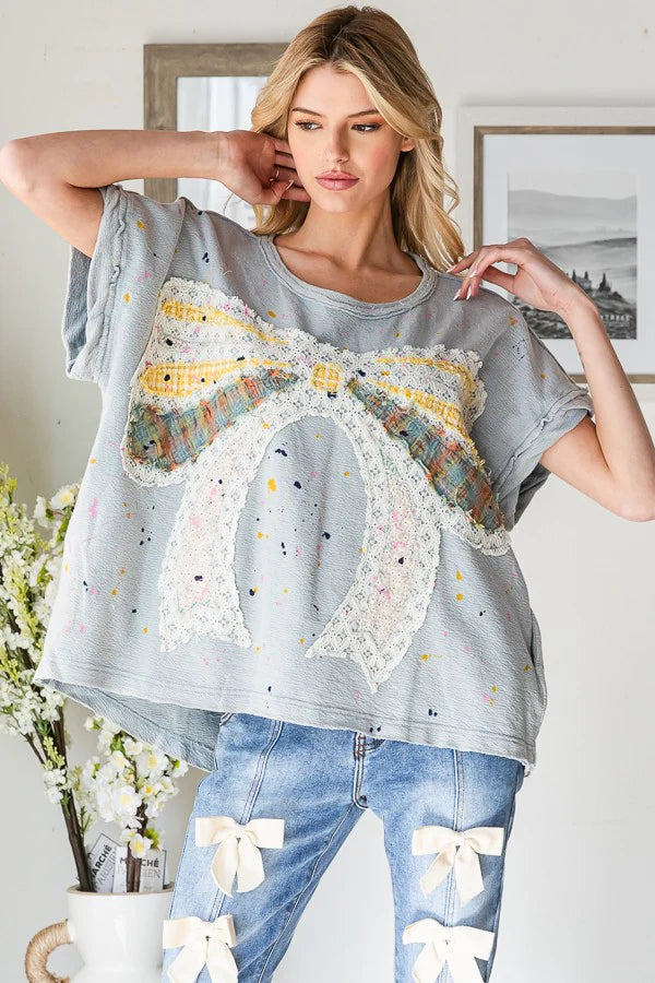 Oli & Hali Paint Splatter Bow Patch top