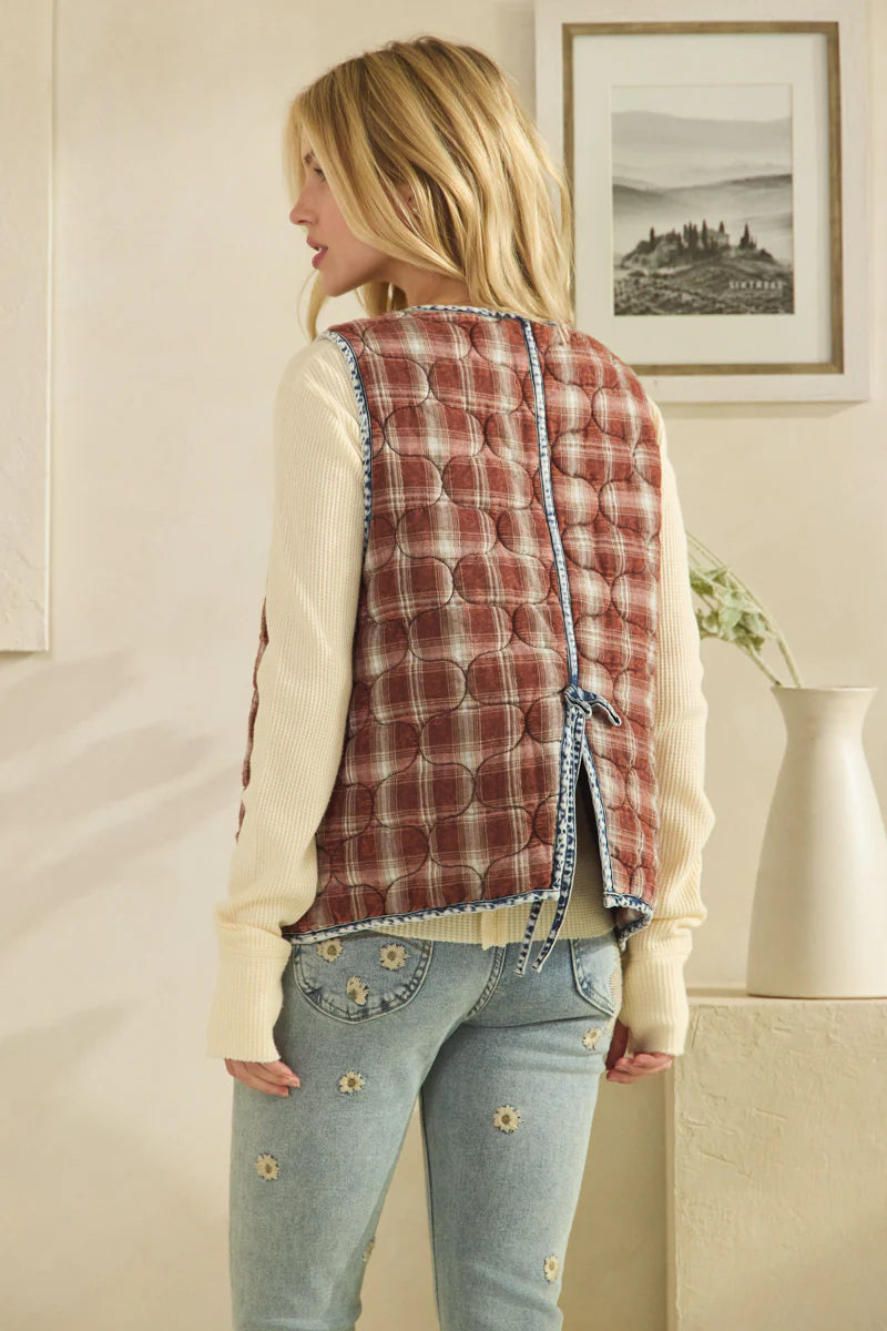 Oli and Hali quilted vest with denim ties