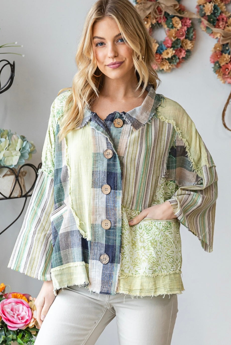 Oli and Hali patchwork collared button down green mix