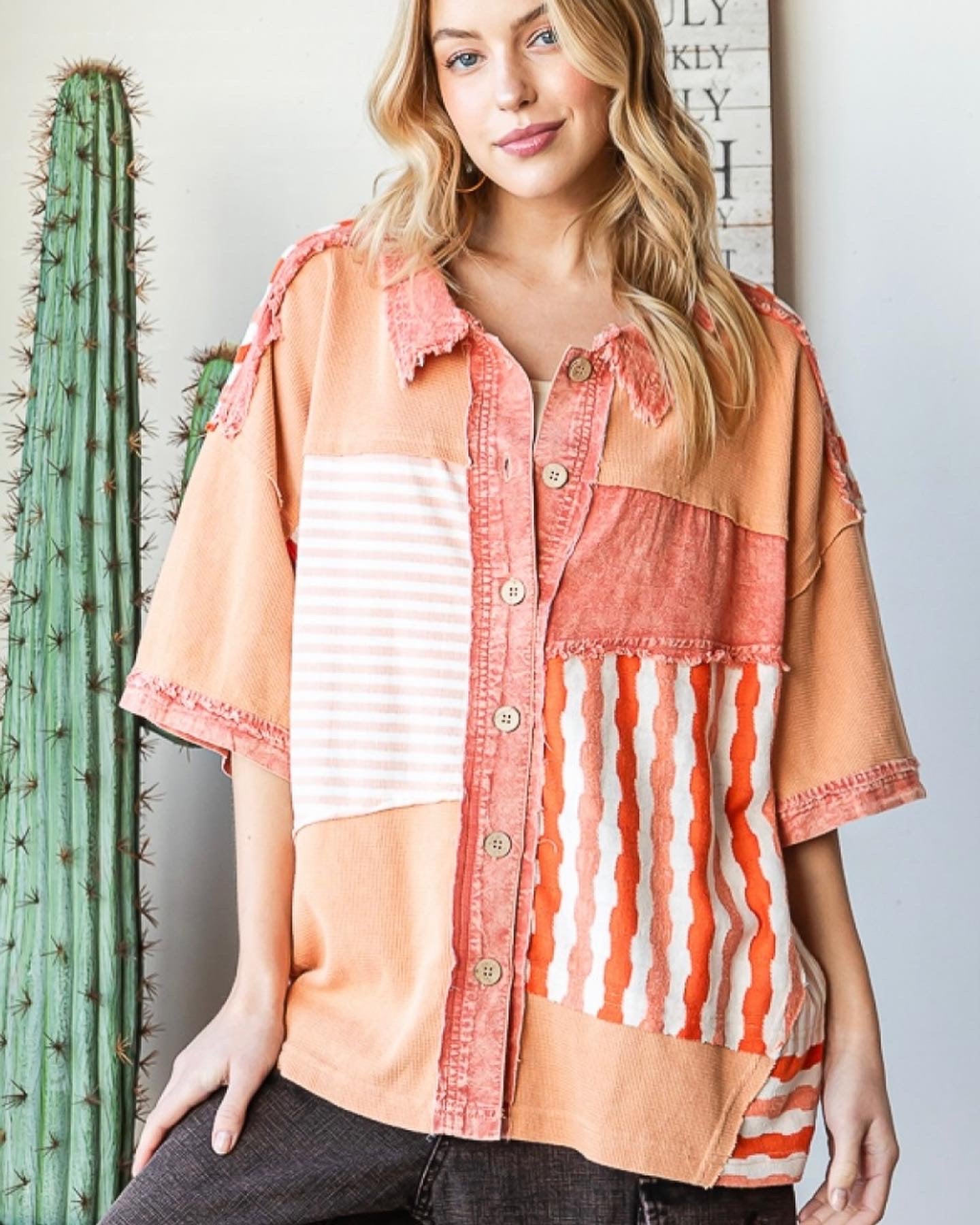 Oli and Hali patchwork button down top