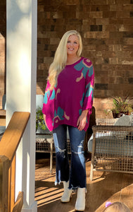 Teal and magenta daisy sweater top