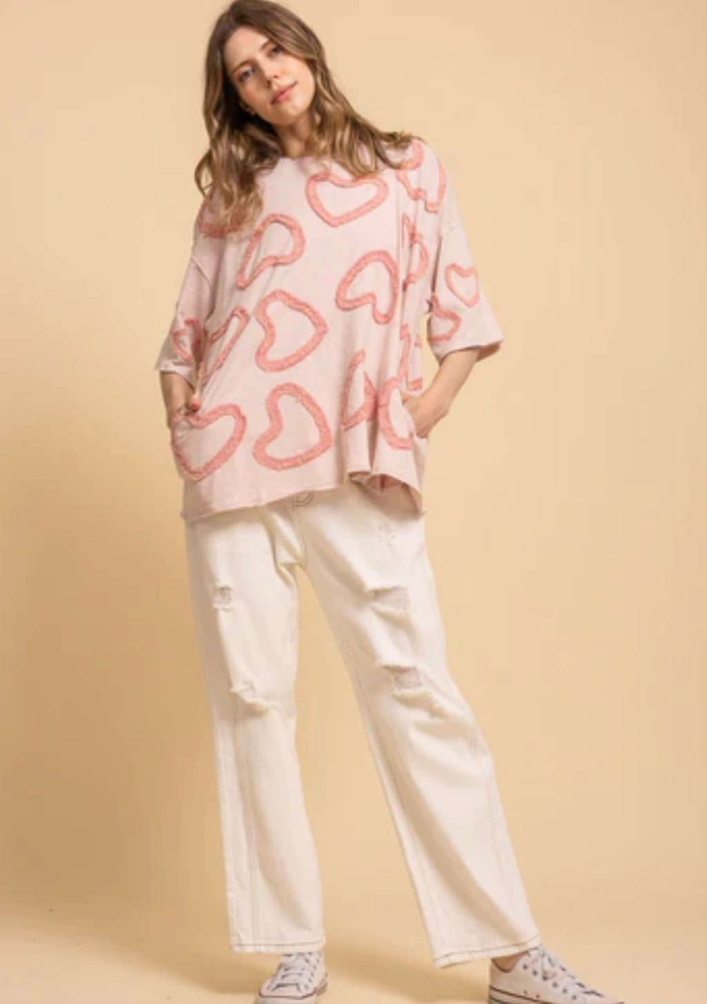 Blue velvet raised heart patch shirt