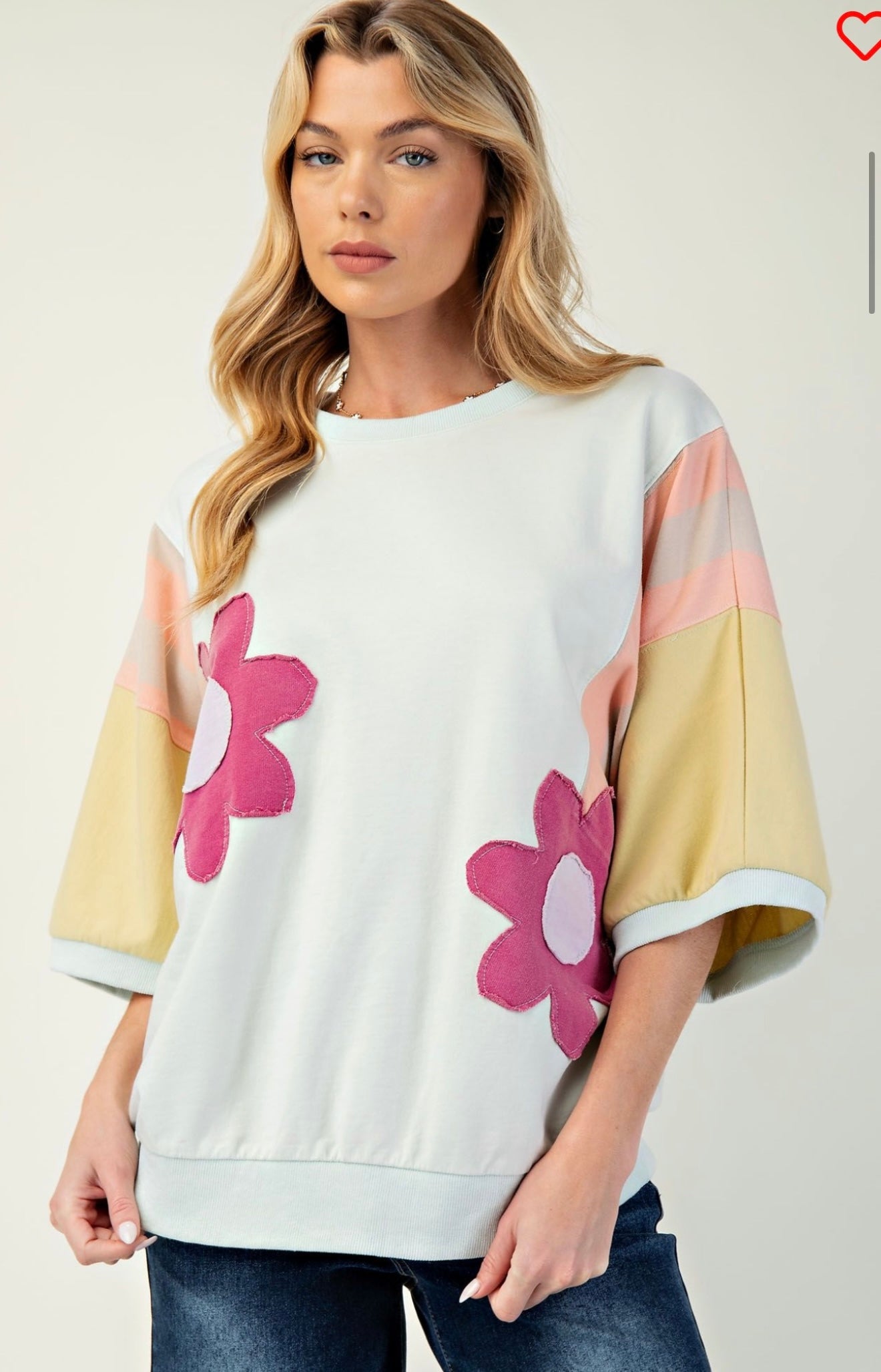 Easel knit color block top with flower patches