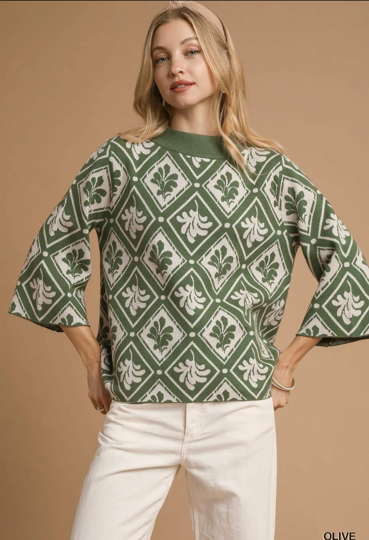 Umgee Abstract Print Mock Neck Sweater