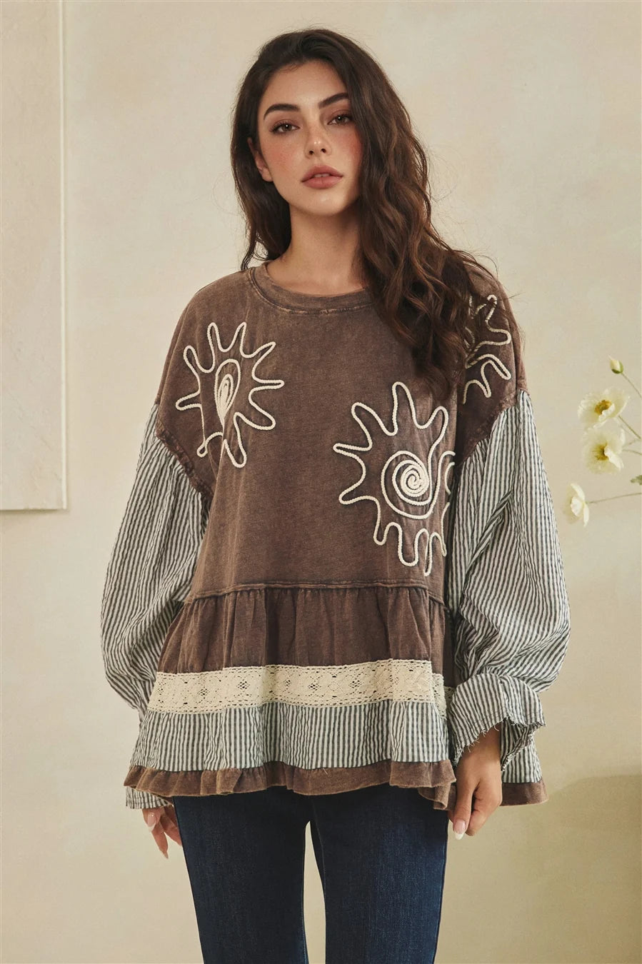 OLI AND HALI MIXED FABRIC TIERED TUNIC LONG SLEEVE TOP CHARCOAL