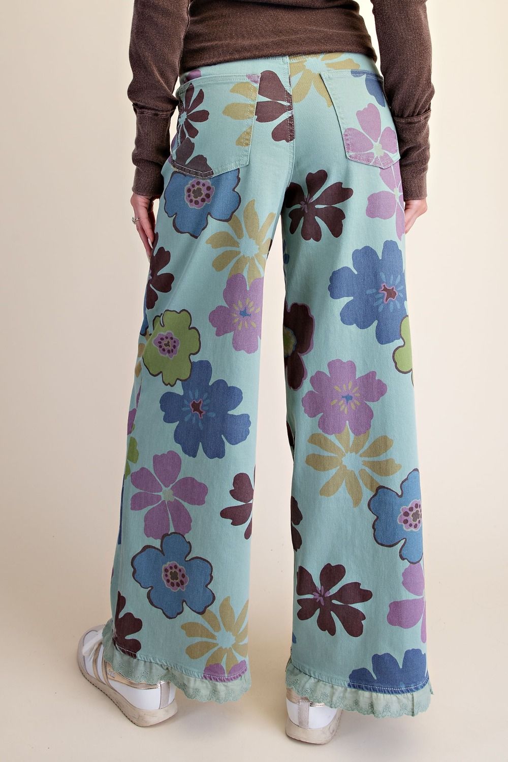FLORAL PRINTED ENZYME WASHED STRETCH TWILL PANTS MINT BLUE