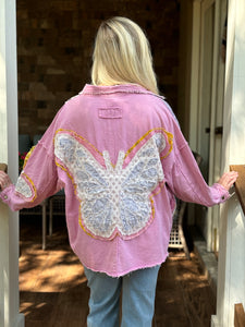 Blue velvet pink and purple lace butterfly button down