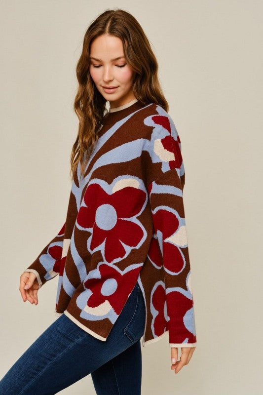 Jodifl Side Slit Hem Floral Pattern Sweater
