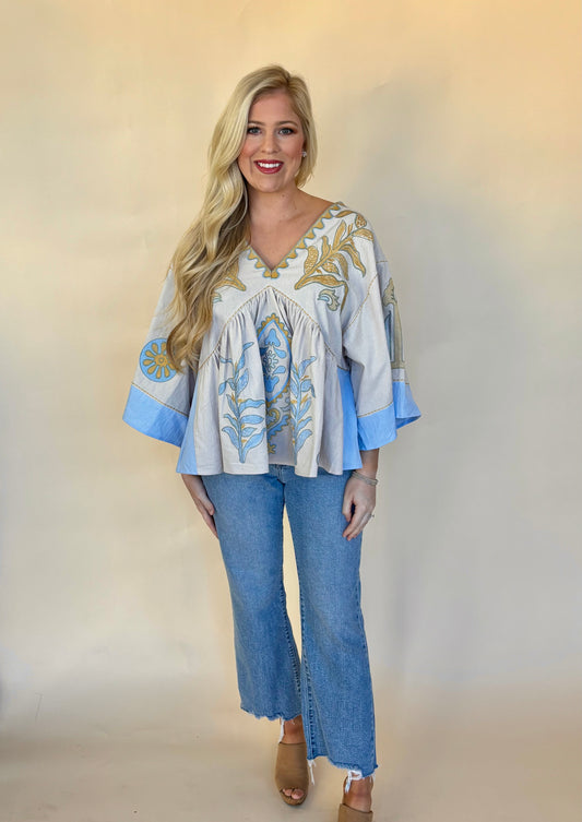 Blue velvet embroidered peplum tops