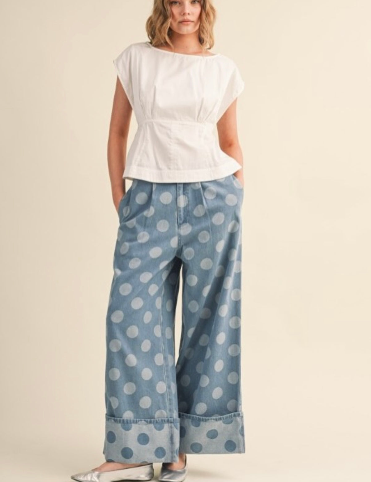 Polka dot denim chambray cuffed pants