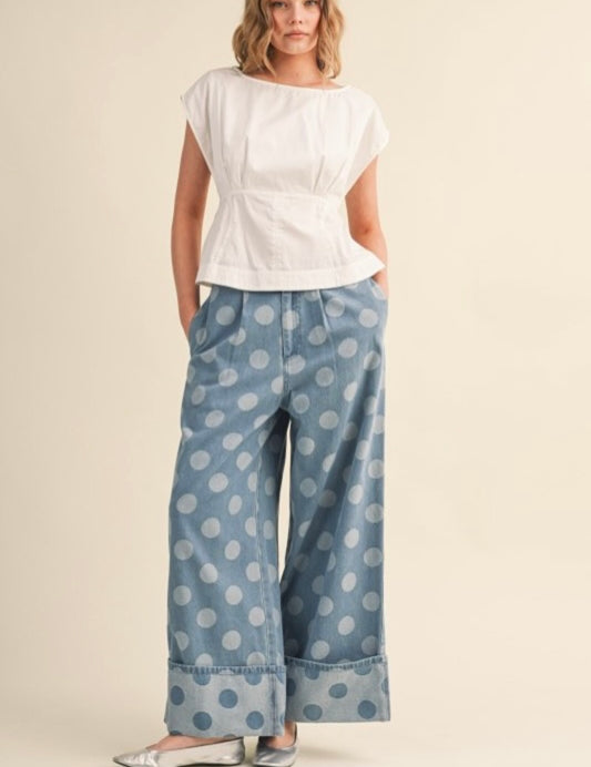 Polka dot denim chambray cuffed pants